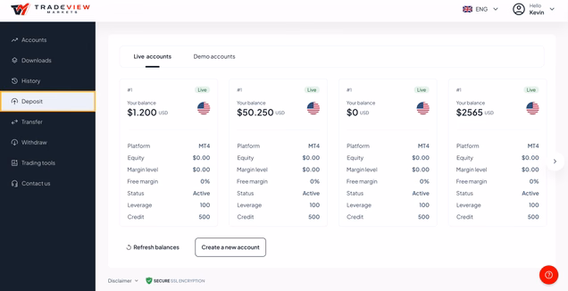 Click on the Deposit funds button in the cabinet navigation