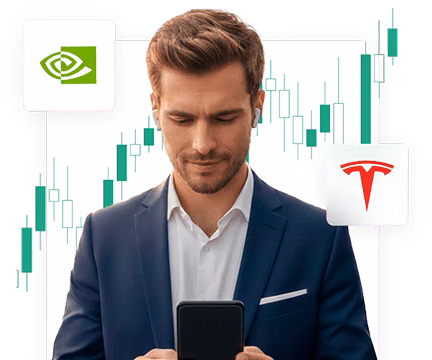Man using the EQView trading app with a stock chart in the background